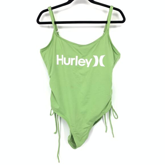 Hurley Ruched Sides One Piece Swimsuit Womens Sz 1X Green White Logo - Picture 1 of 7